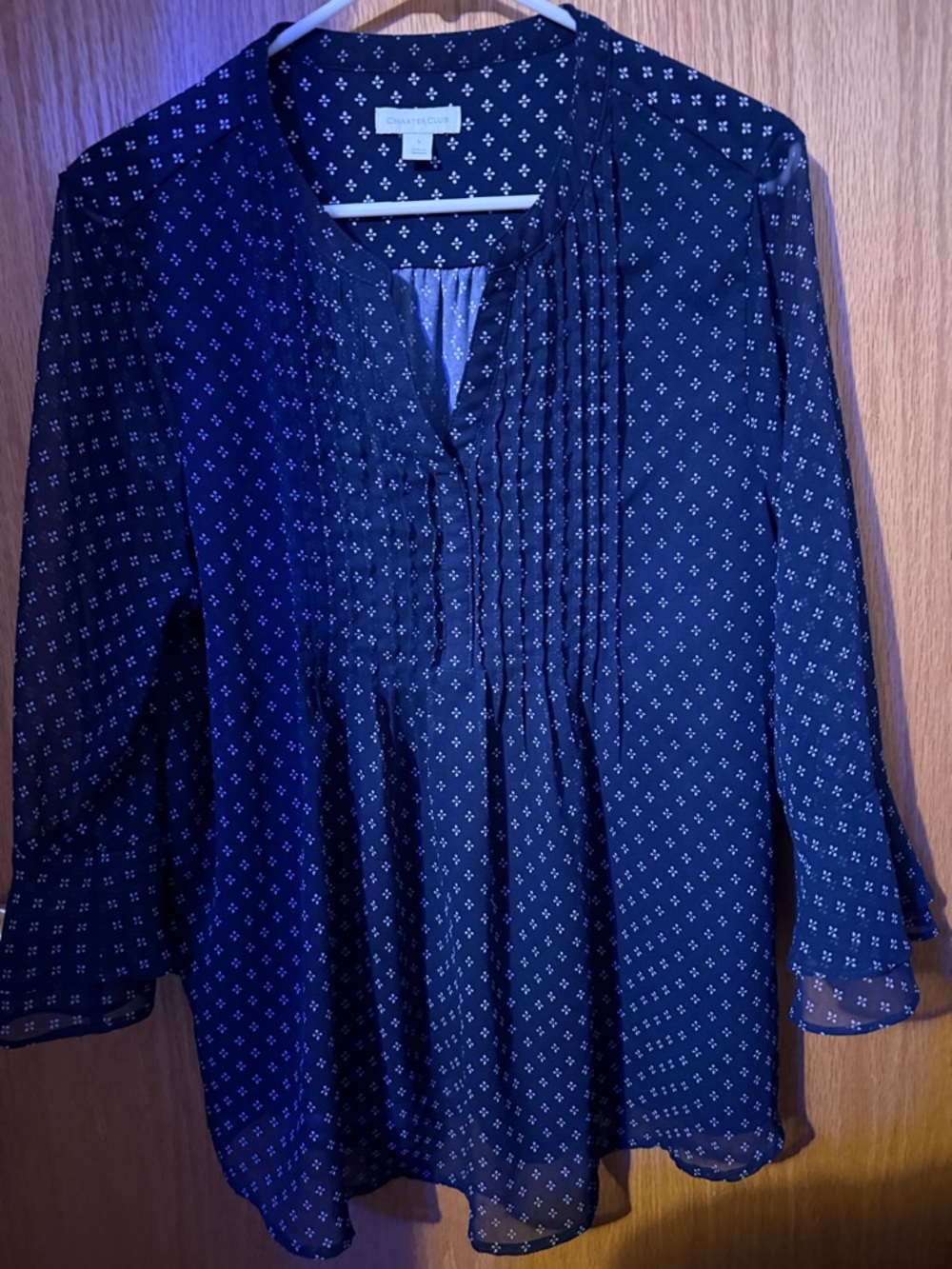 Charter Club Navy Blouse with White Diamond Print and Pintuck Front